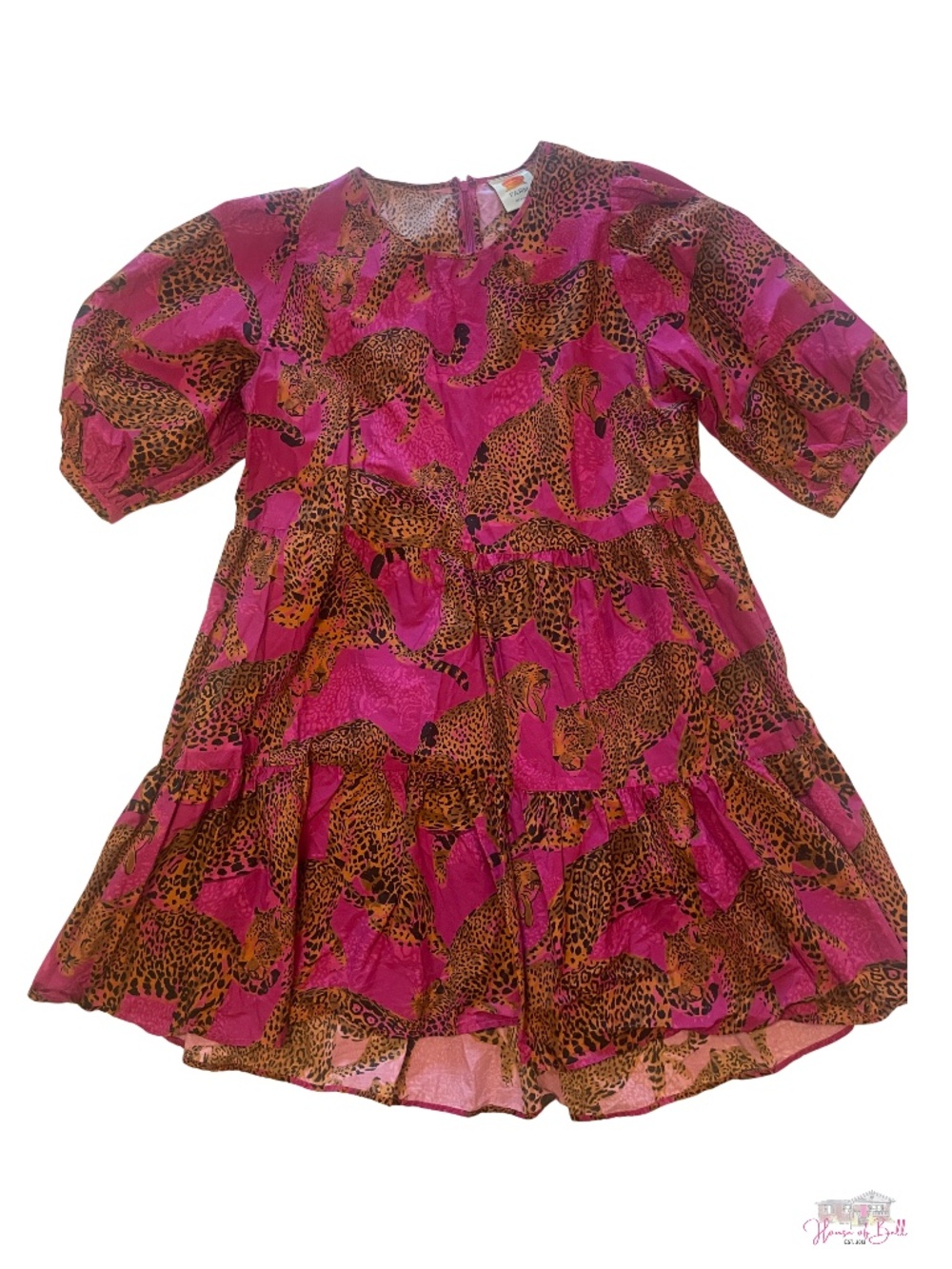 FARM Rio Pink Leopard Forest Tiered Puff Sleeve Mini Dress XL